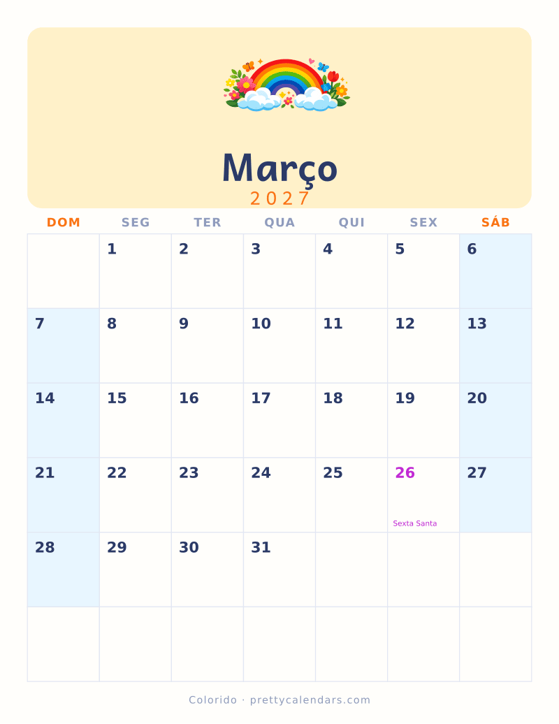 Calendário de Março de 2027 para imprimir, estilo Colorido