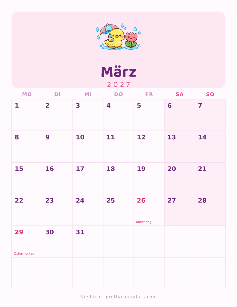 Druckbarer Kalender März 2027, Design Niedlich