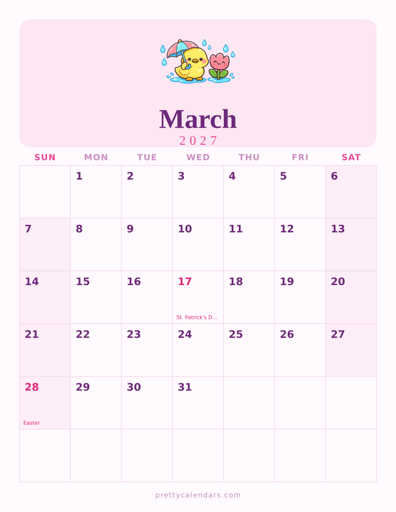 March 2027 printable calendar, Cute style
