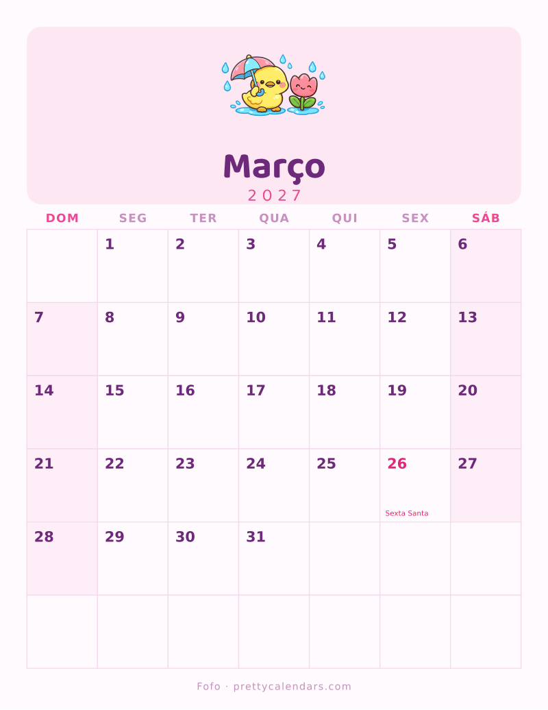 Calendário de Março de 2027 para imprimir, estilo Fofo