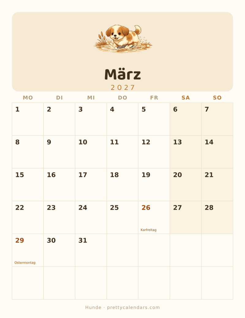 Druckbarer Kalender März 2027, Design Hunde