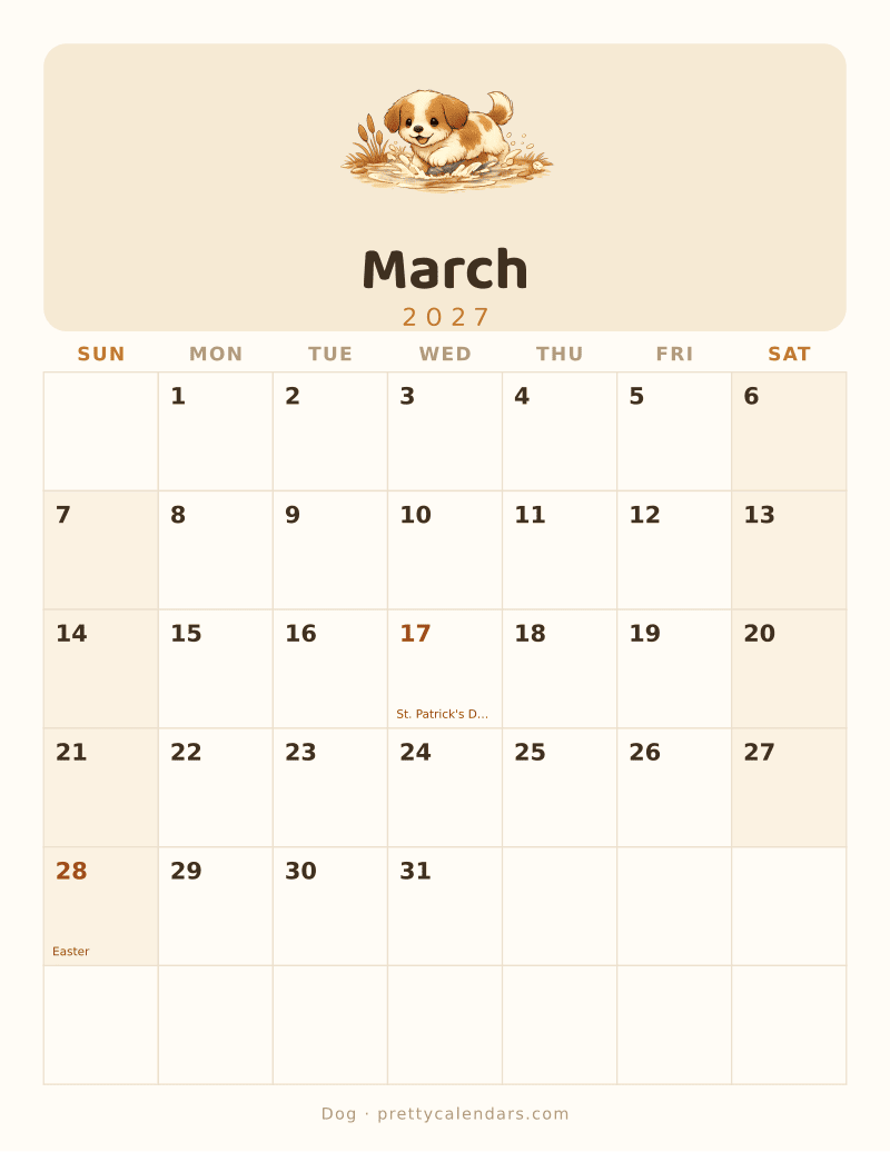 March 2027 printable calendar, Dog style