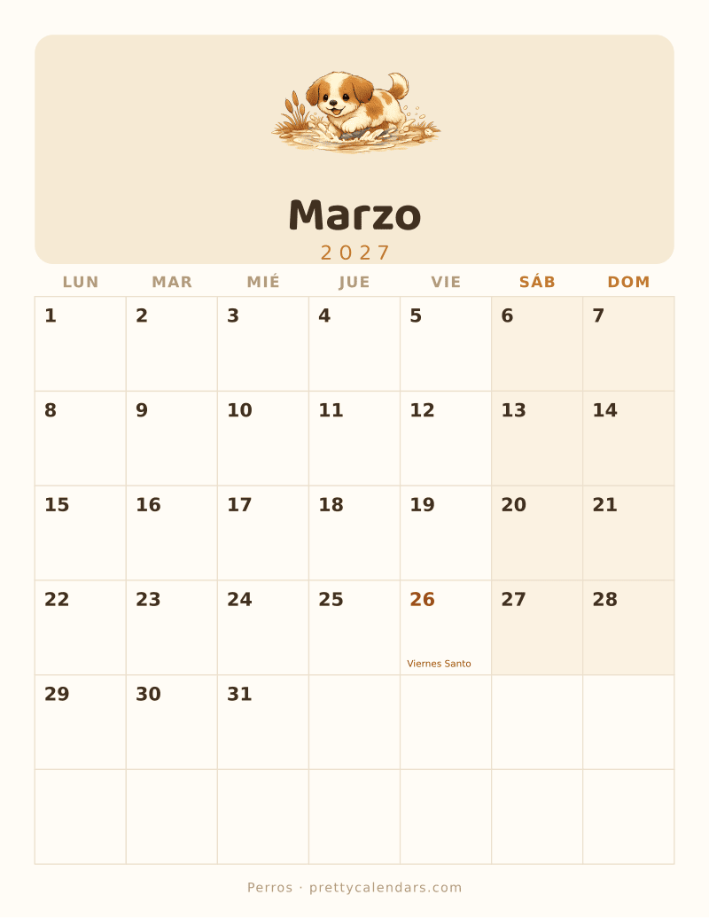 Calendario de Marzo 2027 para imprimir, estilo Perros