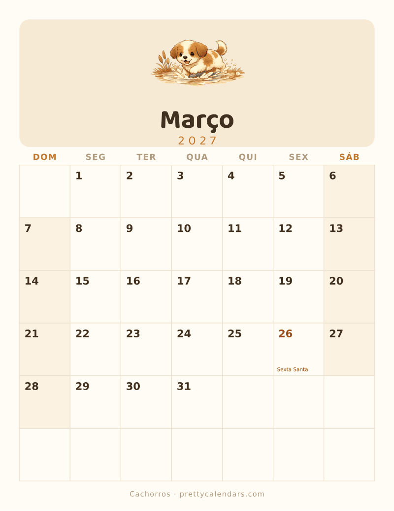 Calendário de Março de 2027 para imprimir, estilo Cachorros