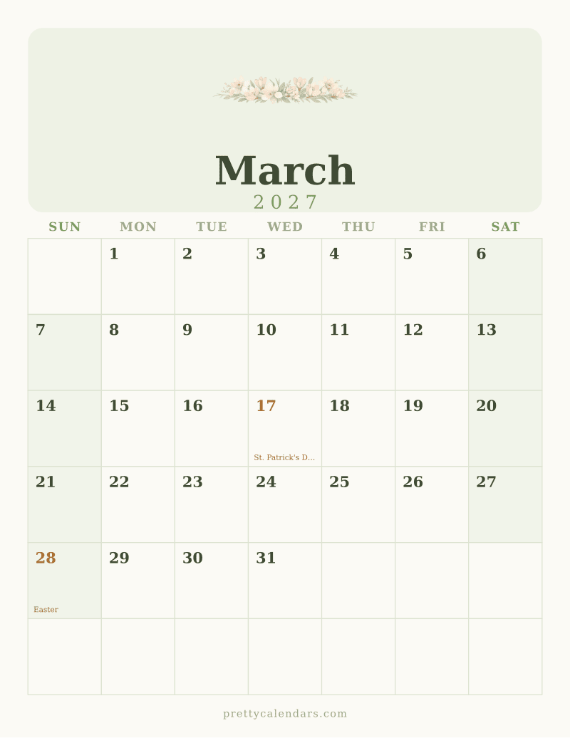 March 2027 printable calendar, Floral style