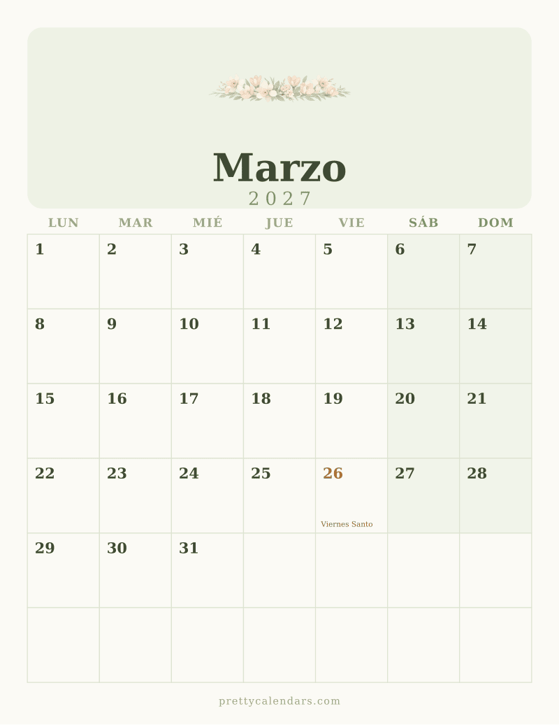 Calendario de Marzo 2027 para imprimir, estilo Floral