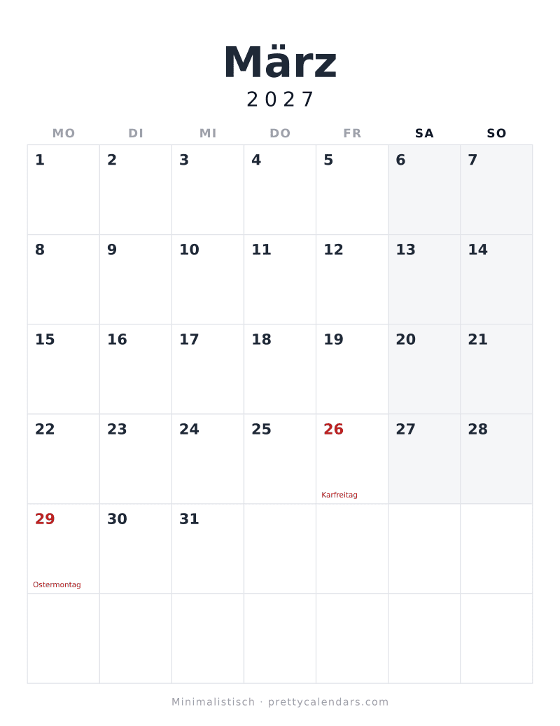 Druckbarer Kalender März 2027, Design Minimalistisch