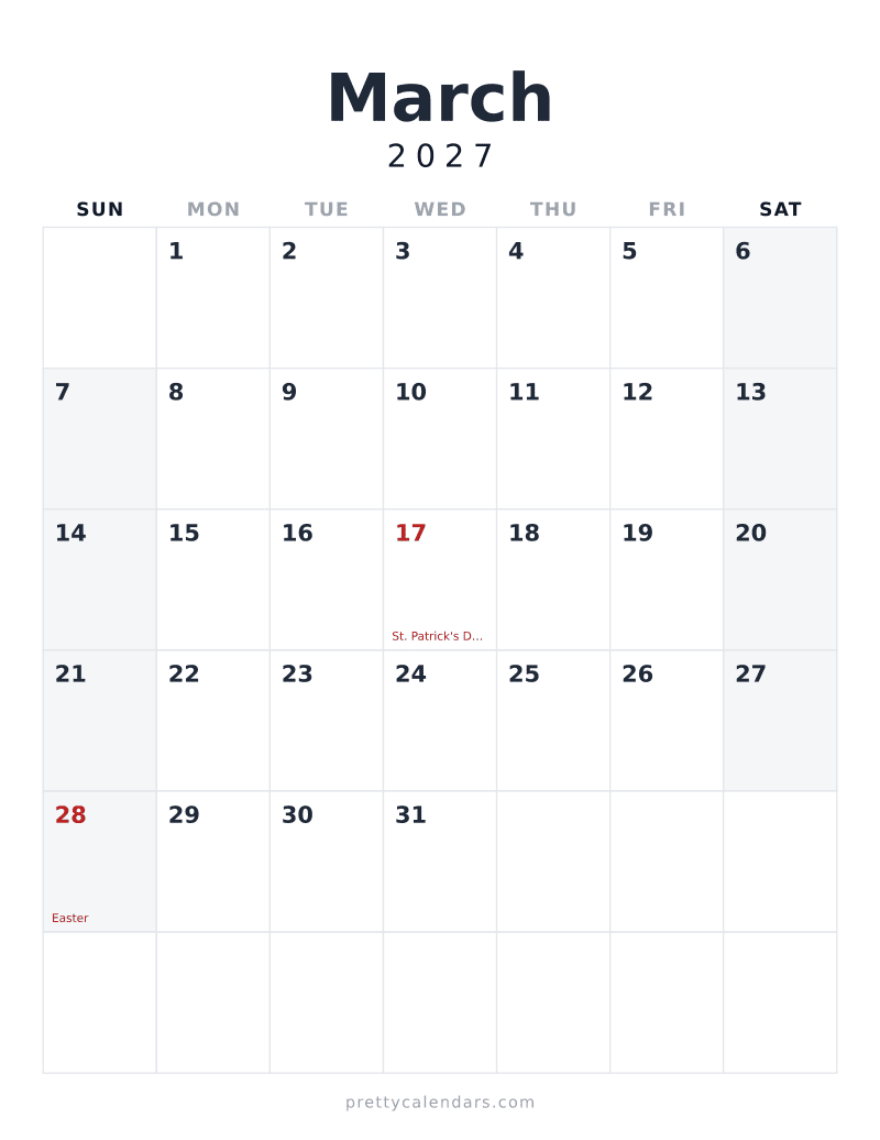 March 2027 printable calendar, Minimalist style