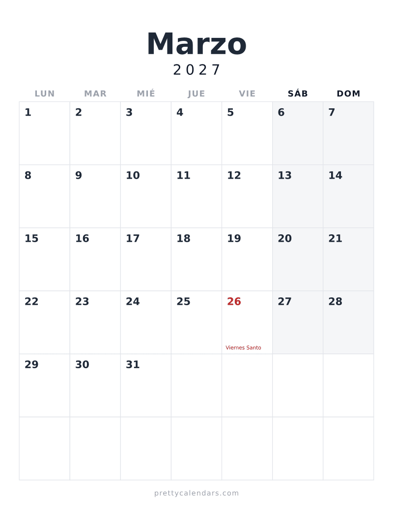 Calendario de Marzo 2027 para imprimir, estilo Minimalista