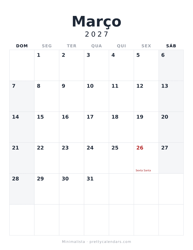 Calendário de Março de 2027 para imprimir, estilo Minimalista