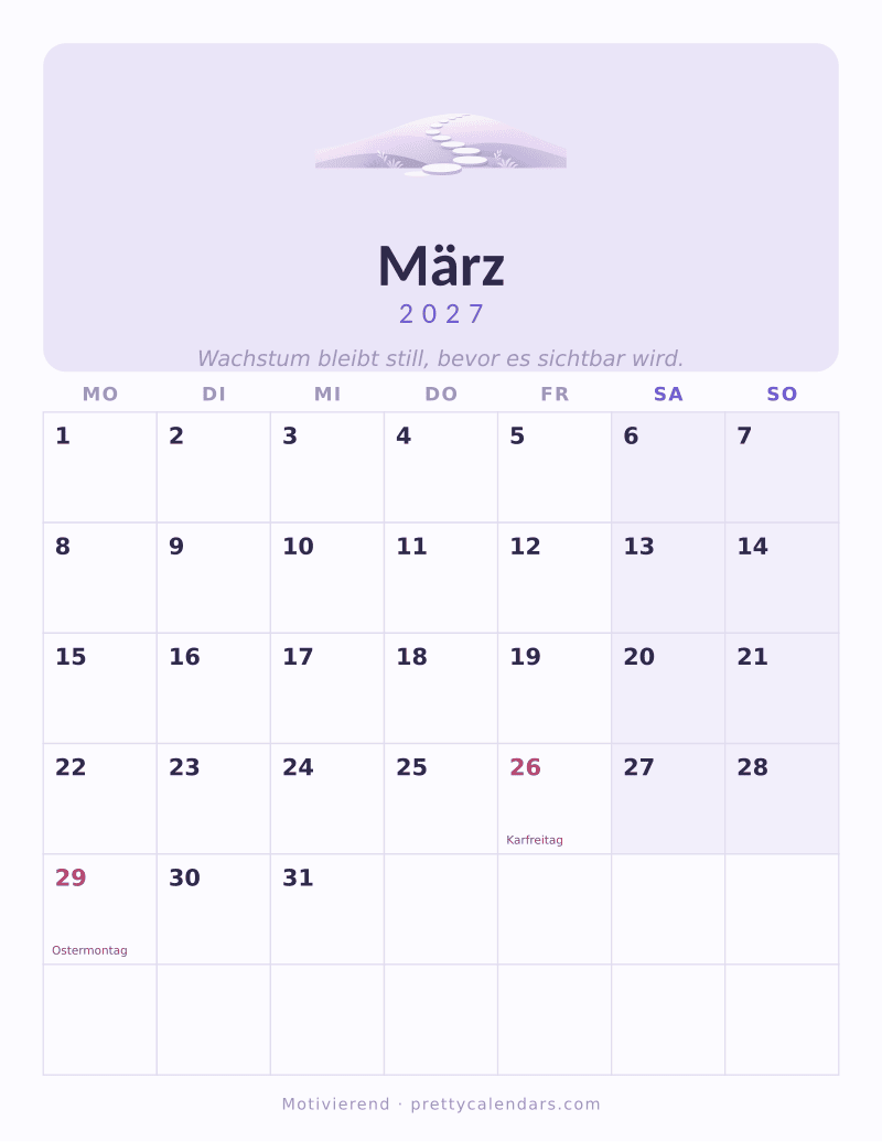 Druckbarer Kalender März 2027, Design Motivierend