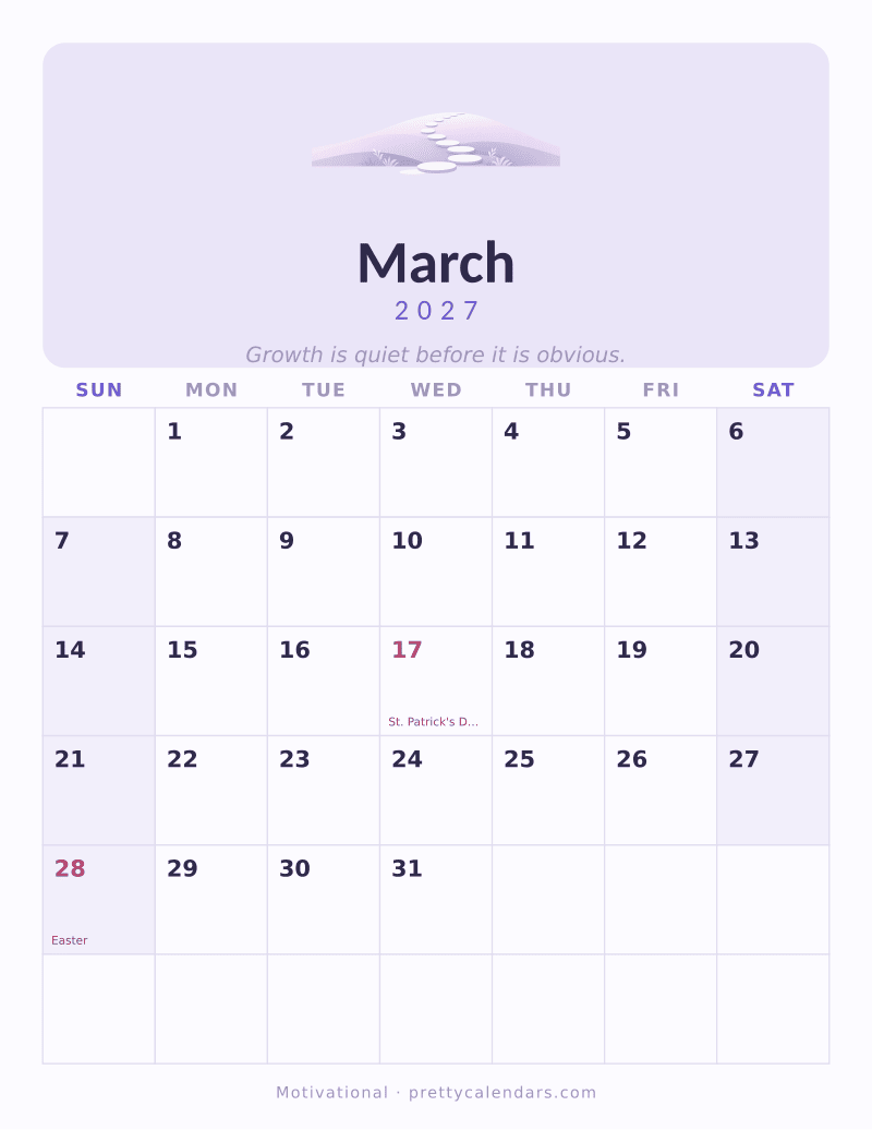 March 2027 printable calendar, Motivational style