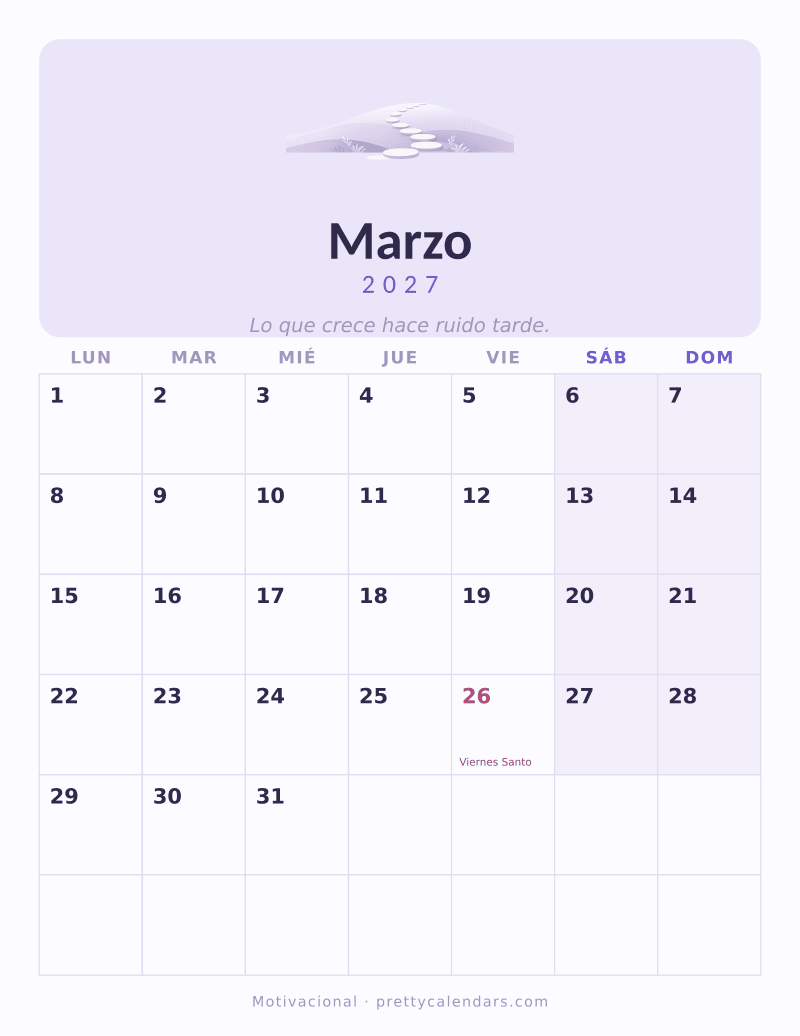Calendario de Marzo 2027 para imprimir, estilo Motivacional