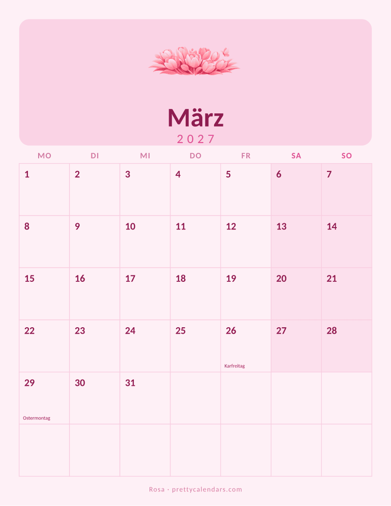 Druckbarer Kalender März 2027, Design Rosa