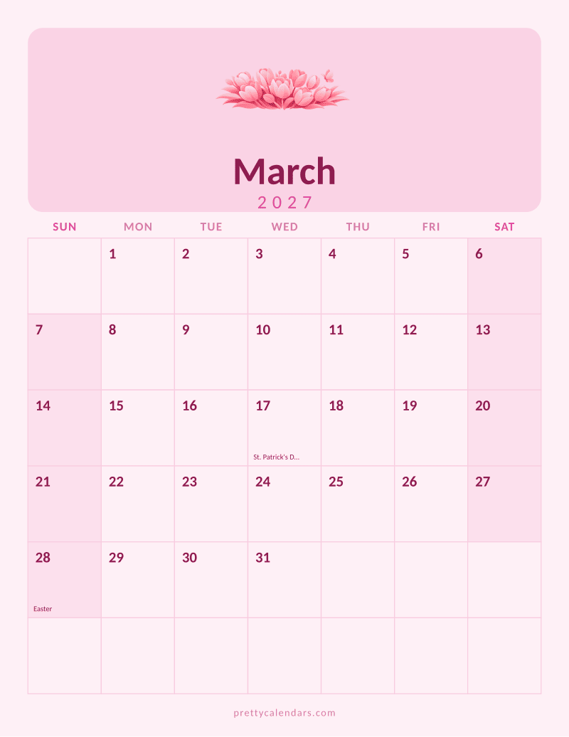 March 2027 printable calendar, Pink style