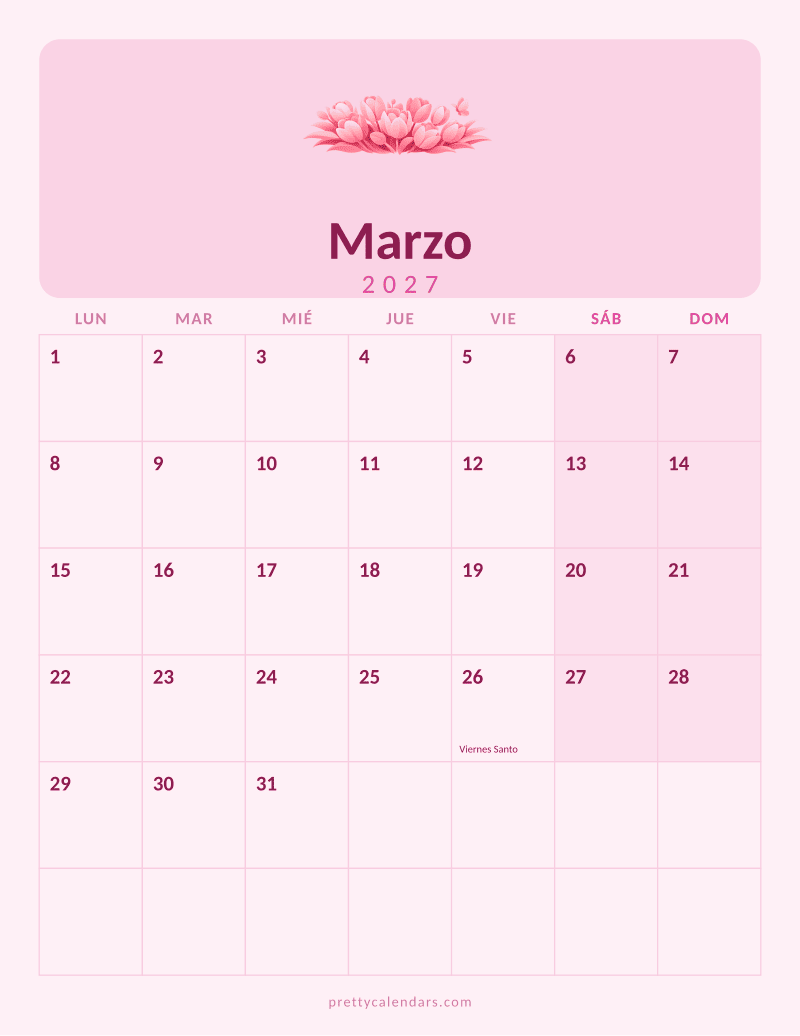 Calendario de Marzo 2027 para imprimir, estilo Rosa