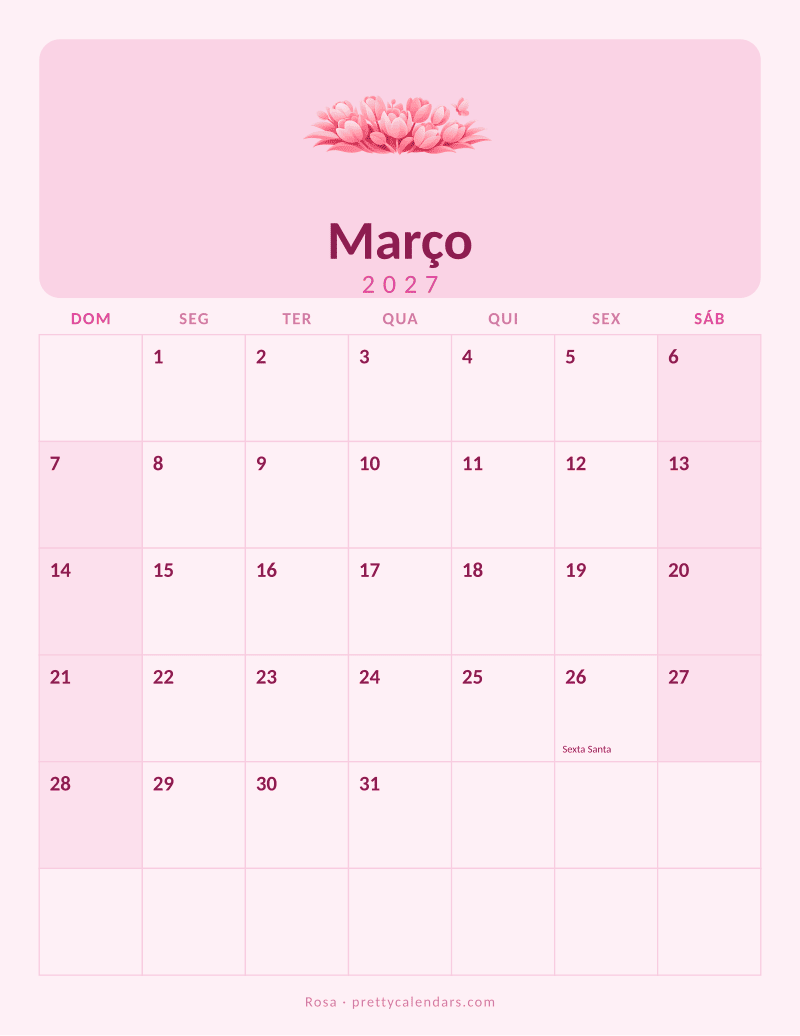Calendário de Março de 2027 para imprimir, estilo Rosa