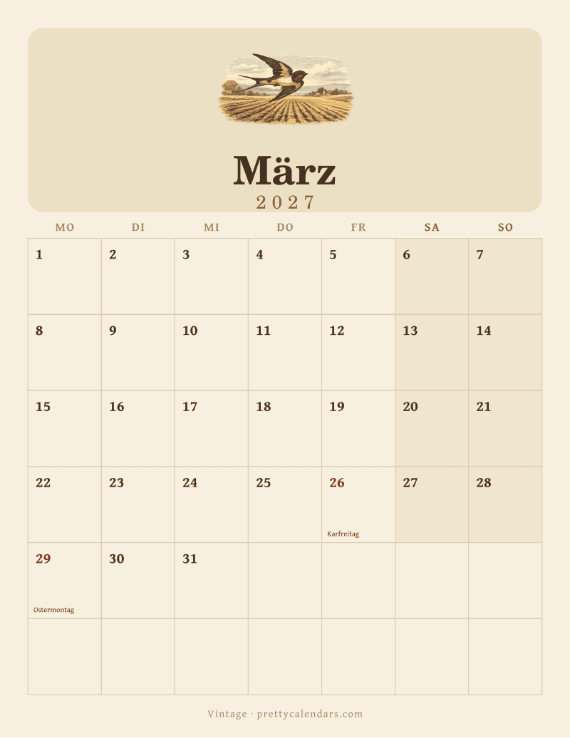 Druckbarer Kalender März 2027, Design Vintage