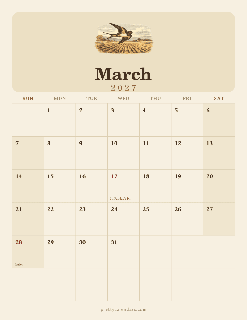 March 2027 printable calendar, Vintage style