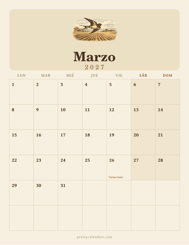 Calendario de Marzo 2027 para imprimir, estilo Vintage