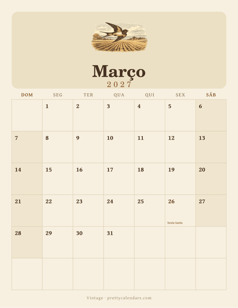 Calendário de Março de 2027 para imprimir, estilo Vintage