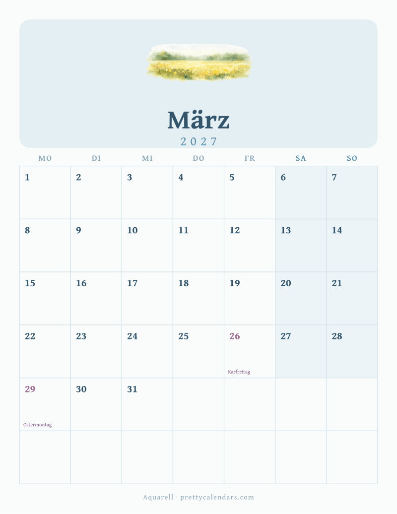 Druckbarer Kalender März 2027, Design Aquarell