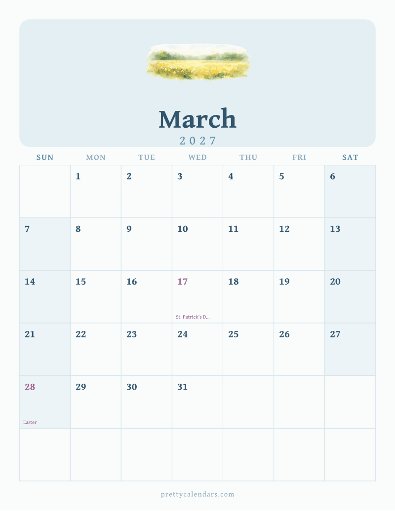 March 2027 printable calendar, Watercolor style