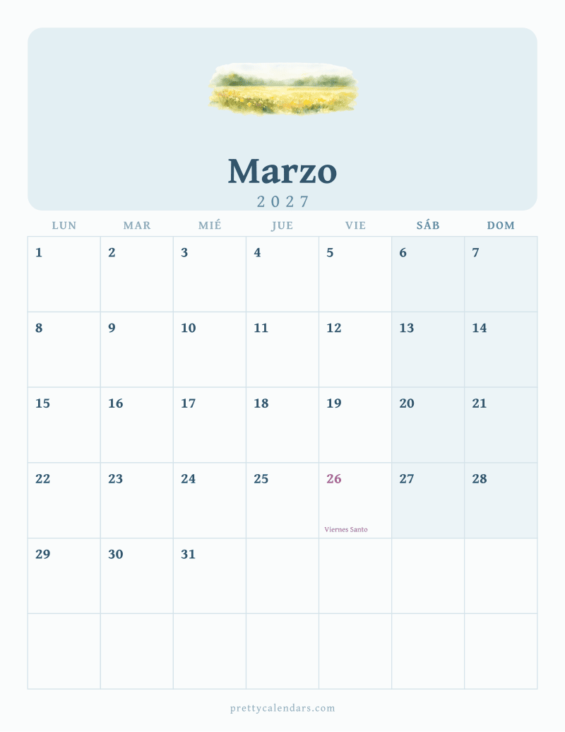 Calendario de Marzo 2027 para imprimir, estilo Acuarela