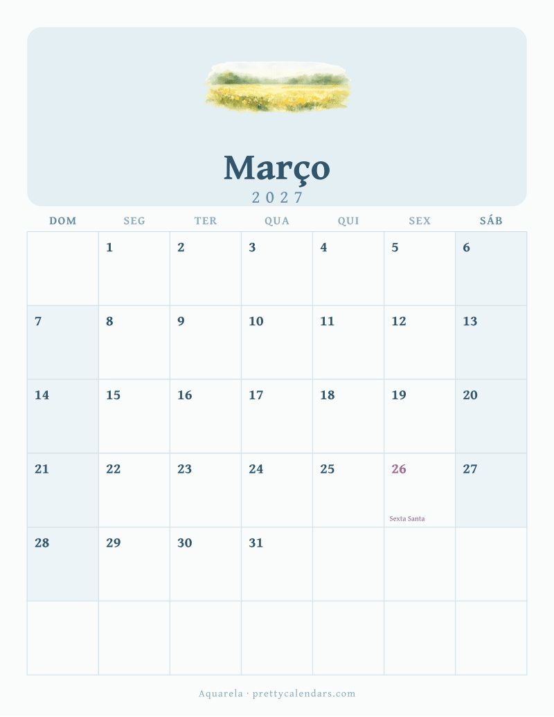Calendário de Março de 2027 para imprimir, estilo Aquarela