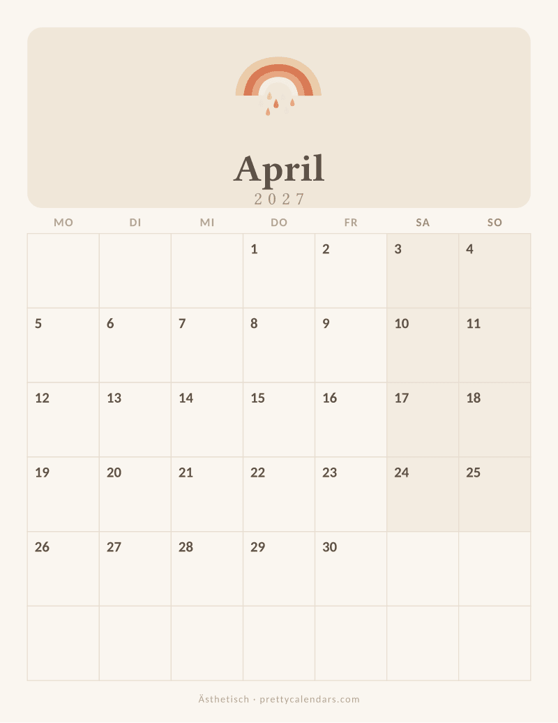 Druckbarer Kalender April 2027, Design Ästhetisch