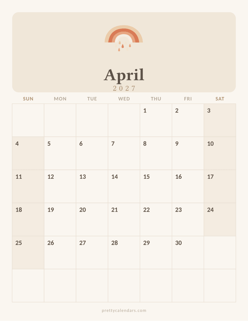 April 2027 printable calendar, Aesthetic style