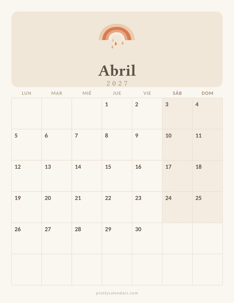 Calendario de Abril 2027 para imprimir, estilo Aesthetic