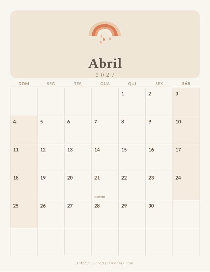 Calendário de Abril de 2027 para imprimir, estilo Estético