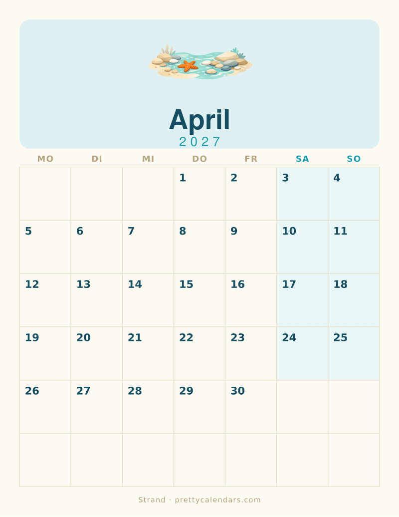 Druckbarer Kalender April 2027, Design Strand