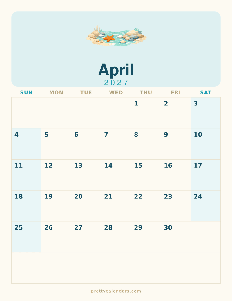 April 2027 printable calendar, Beach style