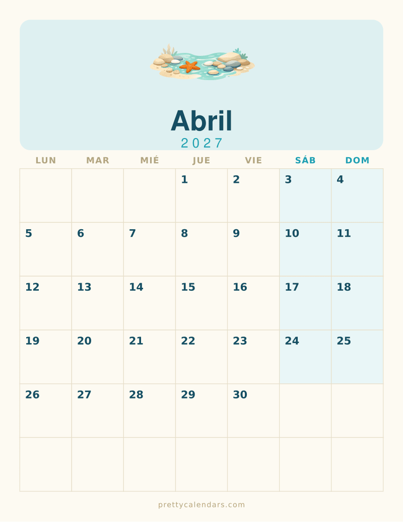 Calendario de Abril 2027 para imprimir, estilo Playa