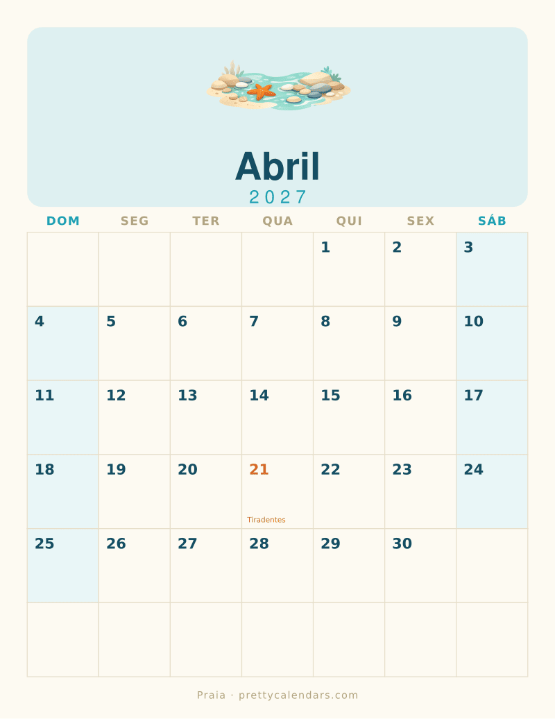 Calendário de Abril de 2027 para imprimir, estilo Praia