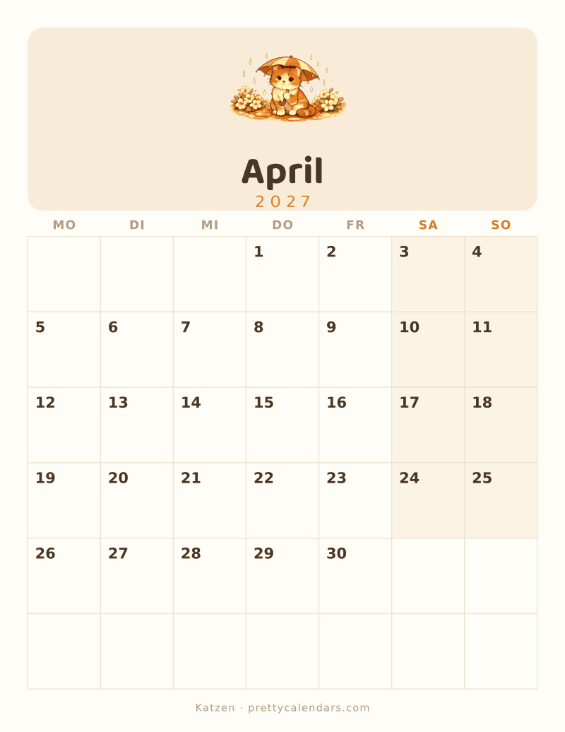 Druckbarer Kalender April 2027, Design Katzen