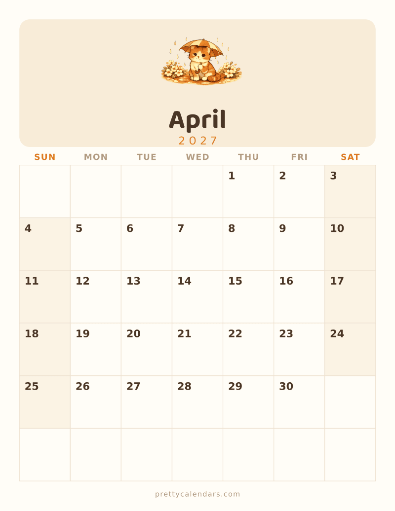 April 2027 printable calendar, Cat style