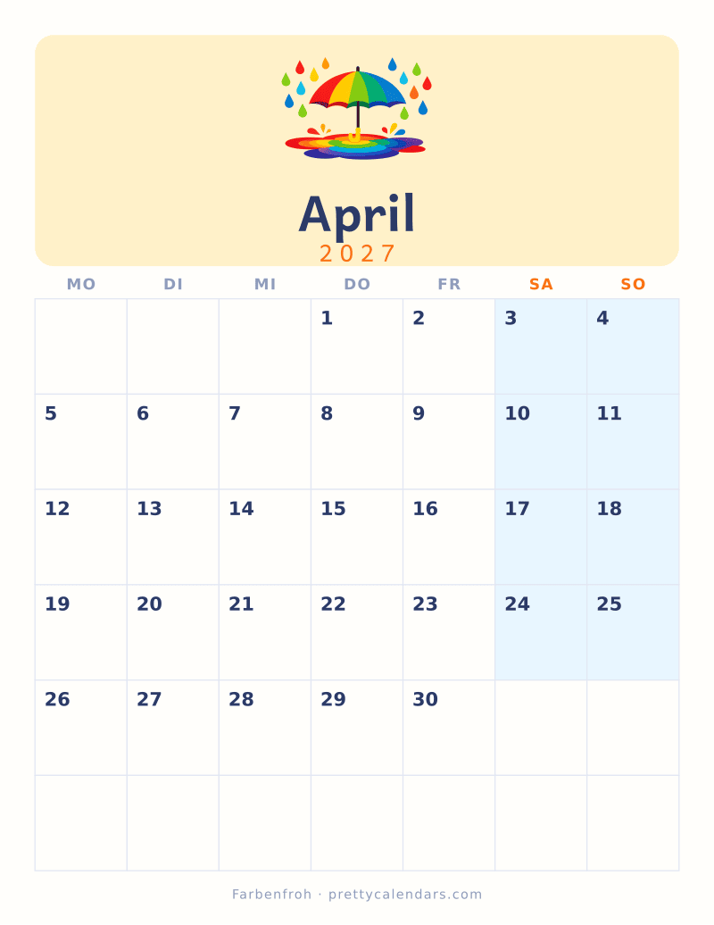 Druckbarer Kalender April 2027, Design Farbenfroh
