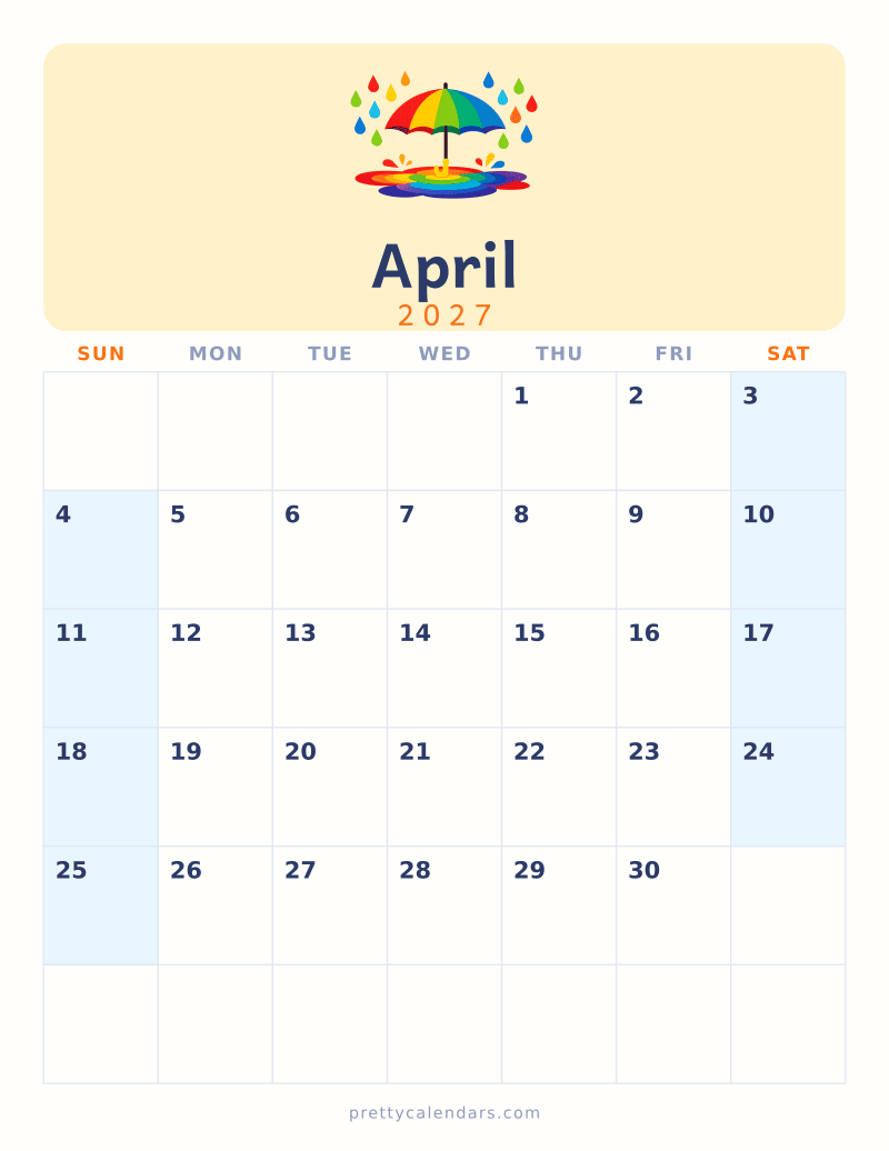 April 2027 printable calendar, Colorful style