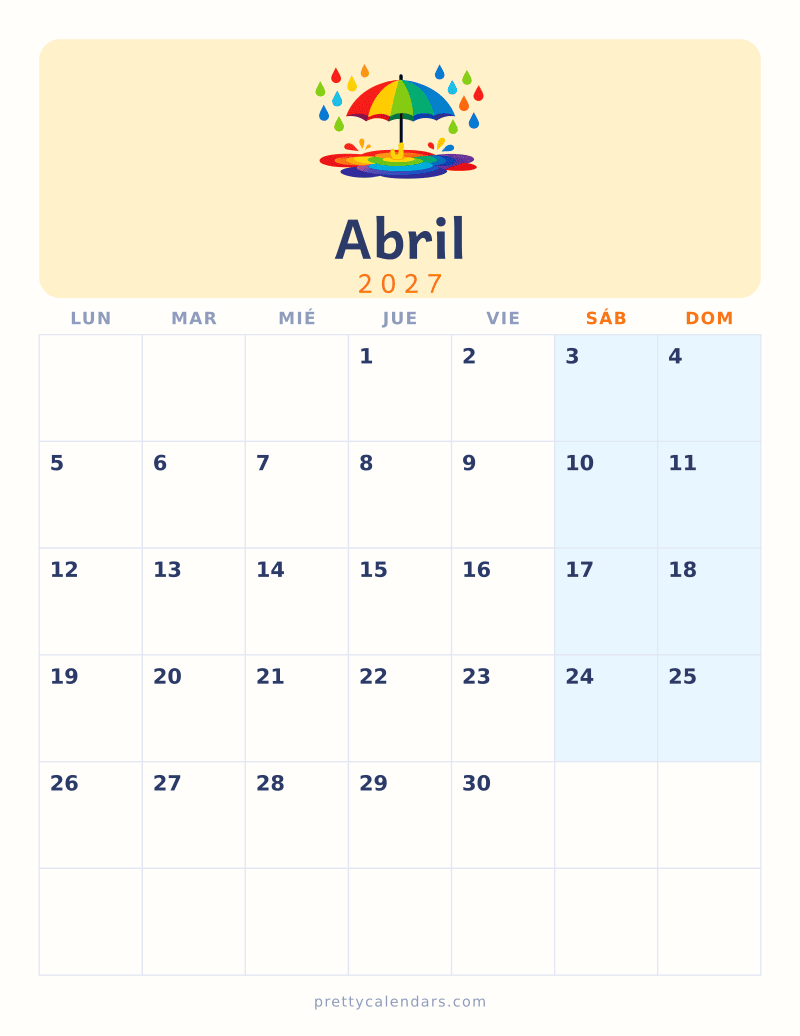 Calendario de Abril 2027 para imprimir, estilo Colorido