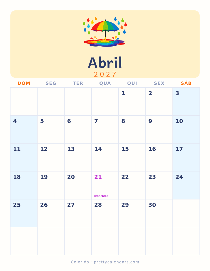 Calendário de Abril de 2027 para imprimir, estilo Colorido