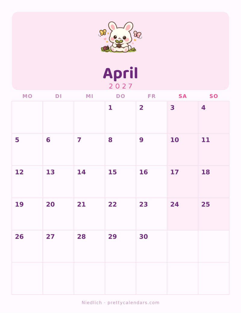 Druckbarer Kalender April 2027, Design Niedlich