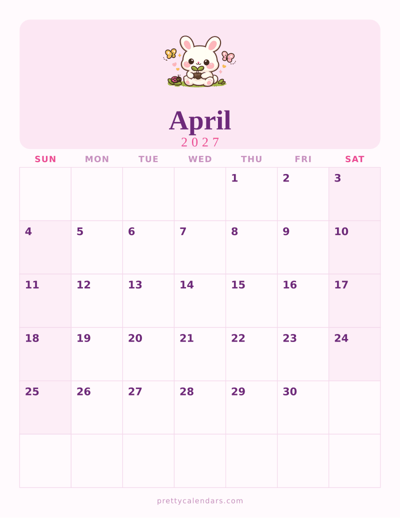 April 2027 printable calendar, Cute style
