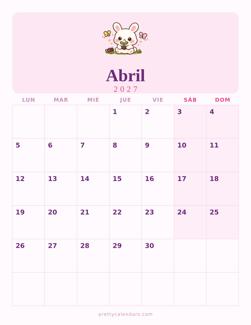 Calendario de Abril 2027 para imprimir, estilo Bonito