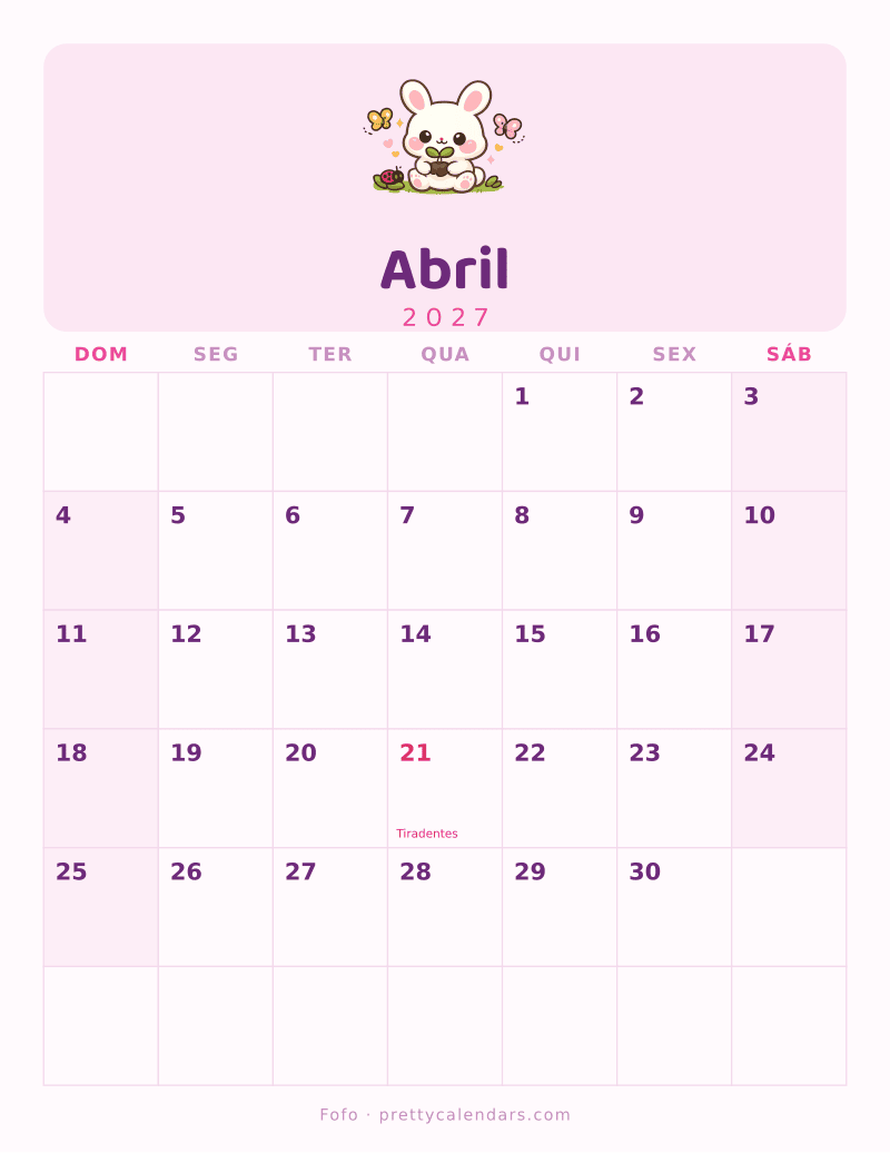 Calendário de Abril de 2027 para imprimir, estilo Fofo