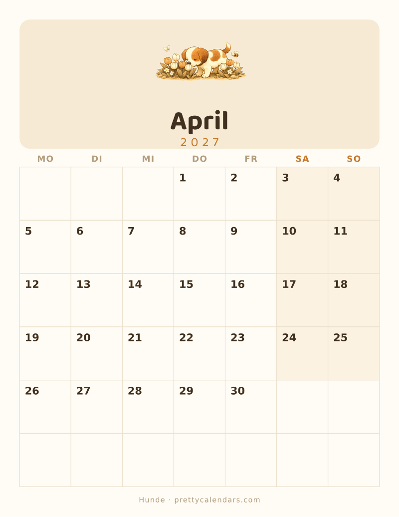 Druckbarer Kalender April 2027, Design Hunde