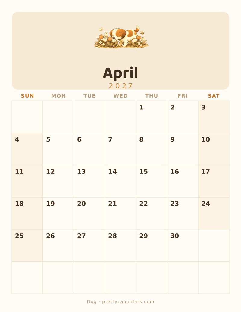 April 2027 printable calendar, Dog style