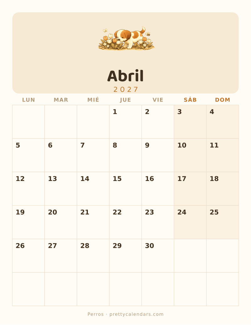 Calendario de Abril 2027 para imprimir, estilo Perros